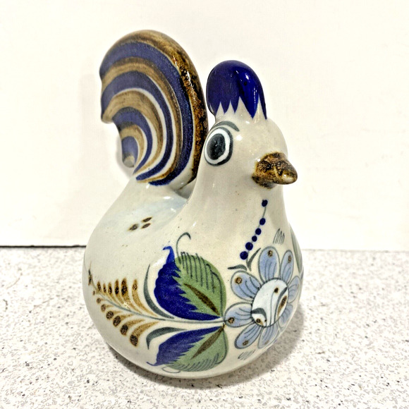 Vintage Tonala Art Pottery Chicken Bird Figure Figurine Blue Brown Green Floral - Picture 3 of 11